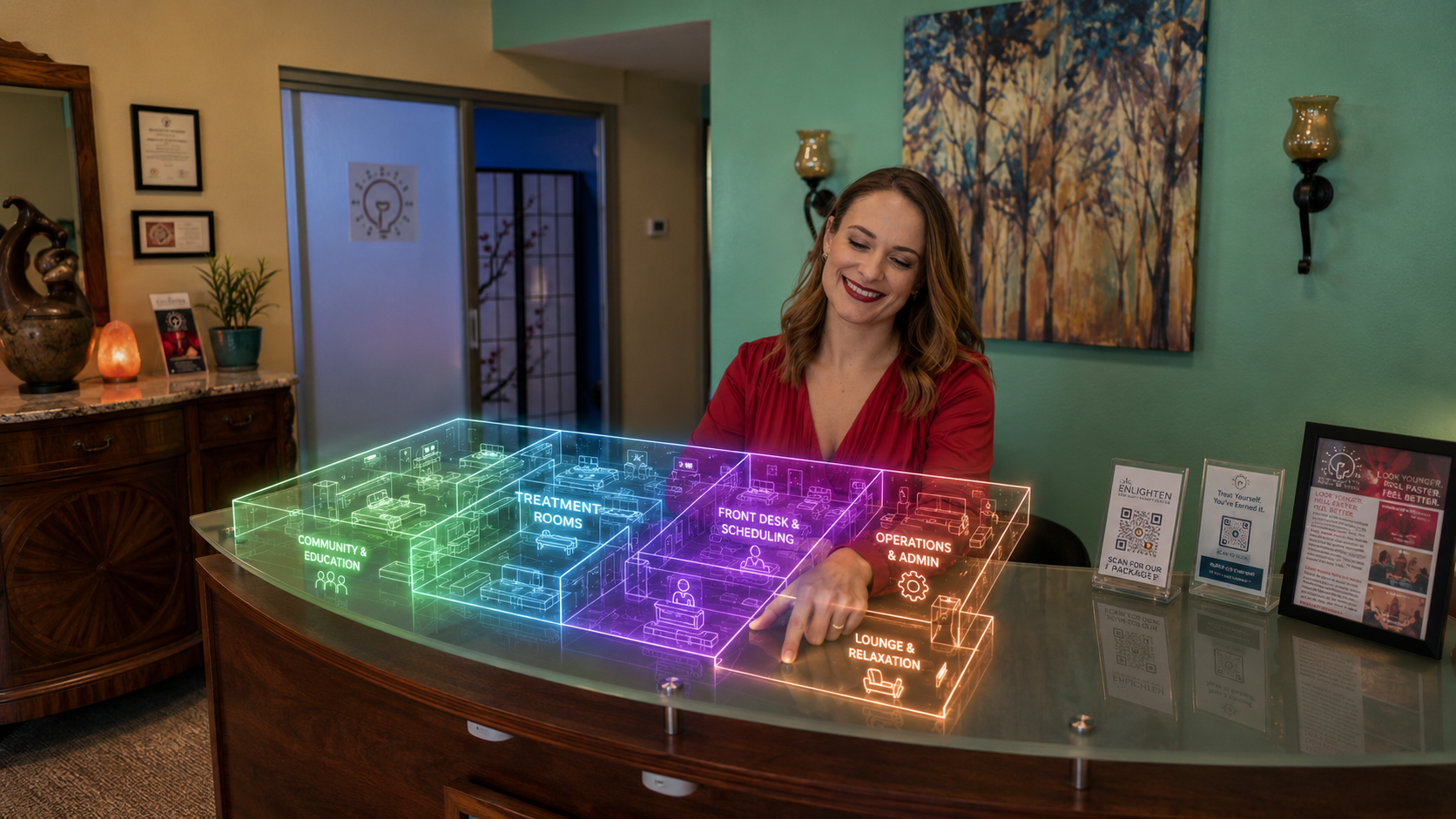 A Sacramento wellness studio owner reviewing a glowing blueprint of her business, with zones lit to show where AI fits and where work stays human.