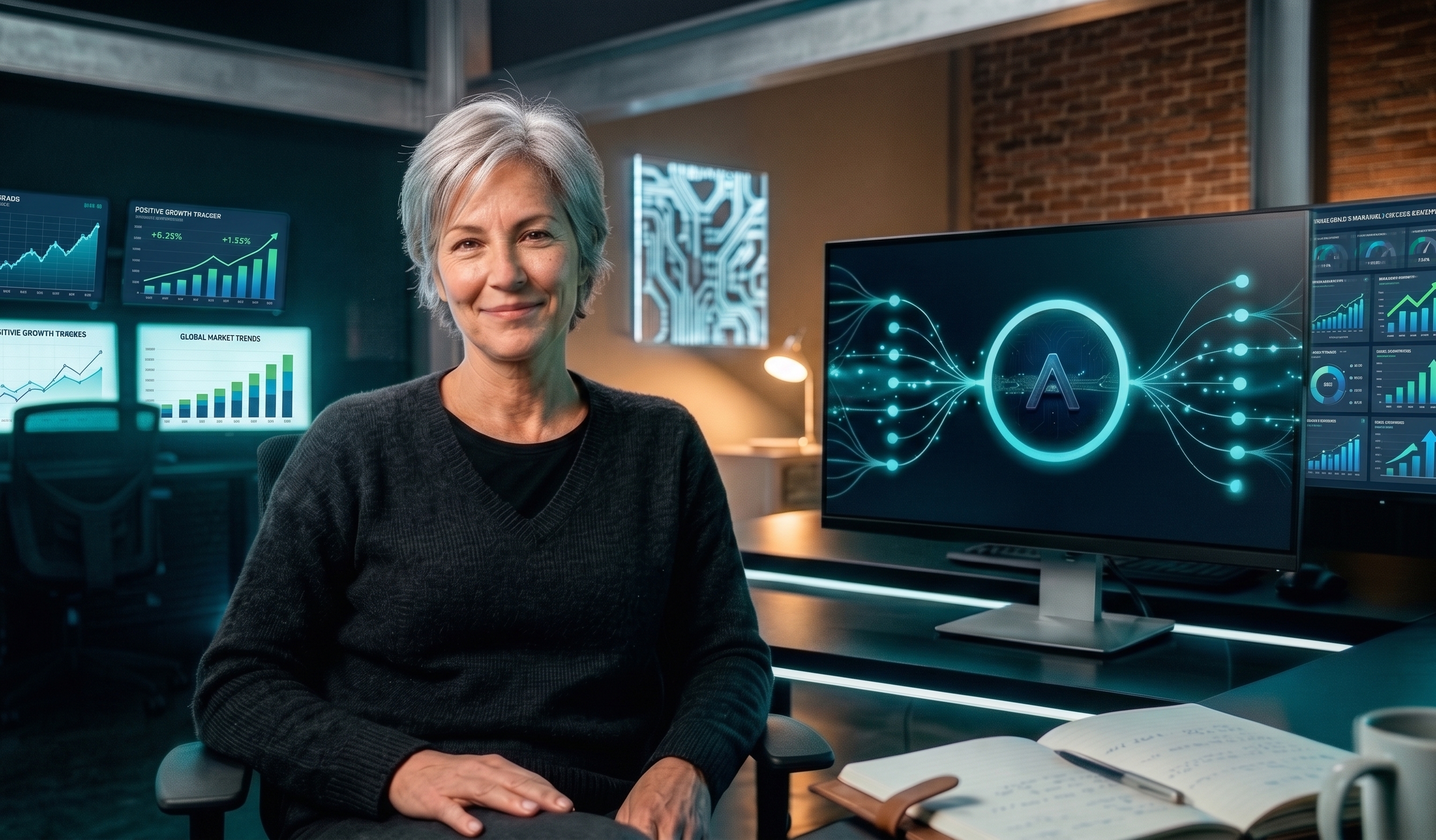 A business owner sitting calm and present in a dark office, lit by the cyan glow of monitors running an AI workflow dashboard with the AI Actualized A mark on the center screen, with a single warm desk lamp behind her. What actualized looks like.